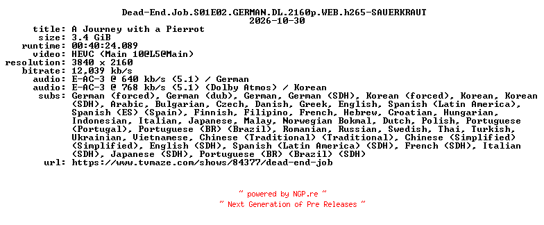 NFO for the release Dead-End.Job.S01E02.GERMAN.DL.2160p.WEB.h265-SAUERKRAUT by SAUERKRAUT