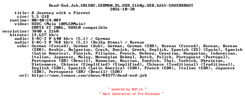NFO for the release Dead-End.Job.S01E02.GERMAN.DL.HDR.2160p.WEB.h265-SAUERKRAUT by SAUERKRAUT