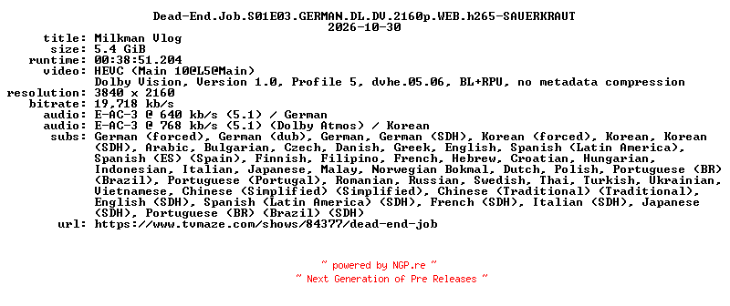 NFO for the release Dead-End.Job.S01E03.GERMAN.DL.DV.2160p.WEB.h265-SAUERKRAUT by SAUERKRAUT