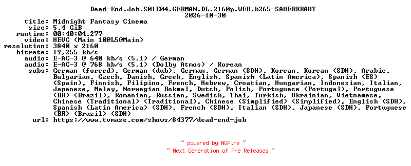 NFO for the release Dead-End.Job.S01E04.GERMAN.DL.2160p.WEB.h265-SAUERKRAUT by SAUERKRAUT