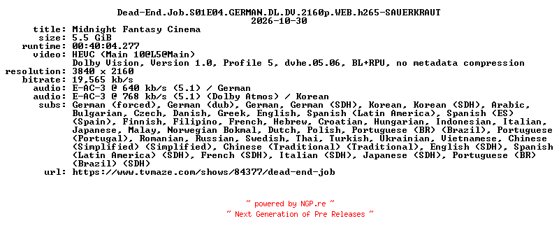 NFO for the release Dead-End.Job.S01E04.GERMAN.DL.DV.2160p.WEB.h265-SAUERKRAUT by SAUERKRAUT