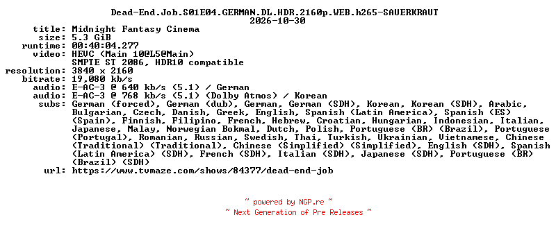 NFO for the release Dead-End.Job.S01E04.GERMAN.DL.HDR.2160p.WEB.h265-SAUERKRAUT by SAUERKRAUT