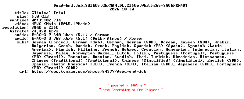 NFO for the release Dead-End.Job.S01E05.GERMAN.DL.2160p.WEB.h265-SAUERKRAUT by SAUERKRAUT