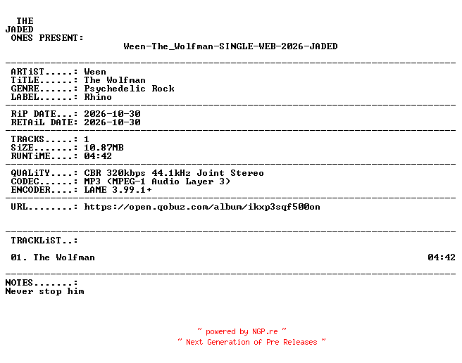 NFO for the release Ween-The_Wolfman-SINGLE-WEB-2026-JADED by JADED