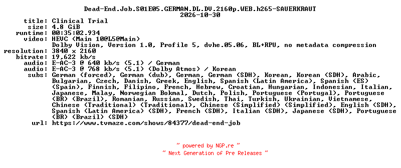 NFO for the release Dead-End.Job.S01E05.GERMAN.DL.DV.2160p.WEB.h265-SAUERKRAUT by SAUERKRAUT