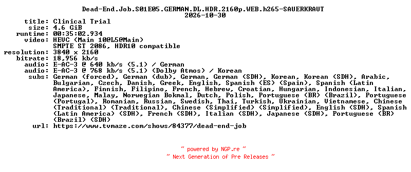 NFO for the release Dead-End.Job.S01E05.GERMAN.DL.HDR.2160p.WEB.h265-SAUERKRAUT by SAUERKRAUT