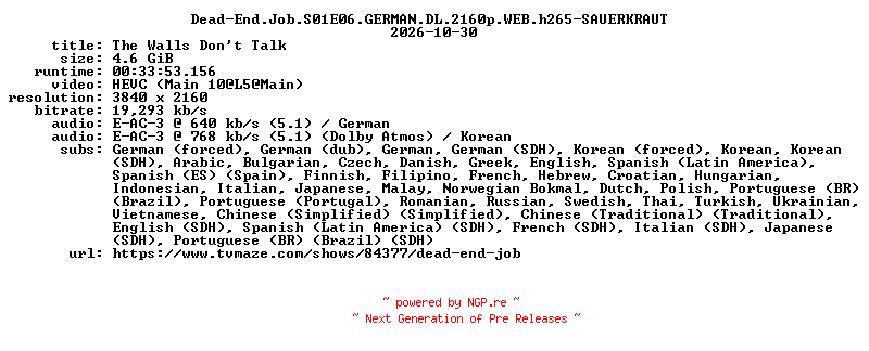 NFO for the release Dead-End.Job.S01E06.GERMAN.DL.2160p.WEB.h265-SAUERKRAUT by SAUERKRAUT