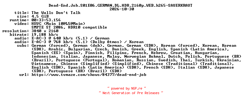 NFO for the release Dead-End.Job.S01E06.GERMAN.DL.HDR.2160p.WEB.h265-SAUERKRAUT by SAUERKRAUT