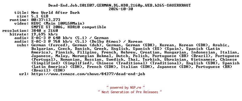 NFO for the release Dead-End.Job.S01E07.GERMAN.DL.HDR.2160p.WEB.h265-SAUERKRAUT by SAUERKRAUT