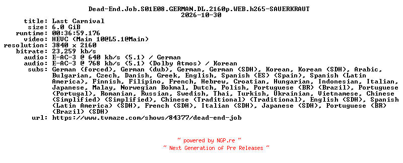 NFO for the release Dead-End.Job.S01E08.GERMAN.DL.2160p.WEB.h265-SAUERKRAUT by SAUERKRAUT