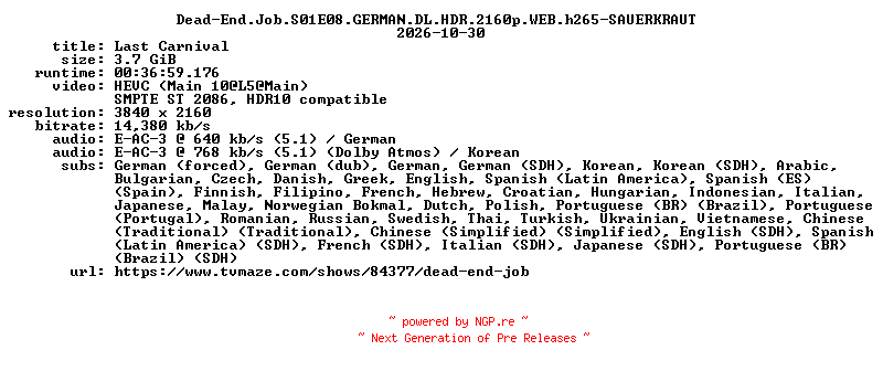 NFO for the release Dead-End.Job.S01E08.GERMAN.DL.HDR.2160p.WEB.h265-SAUERKRAUT by SAUERKRAUT
