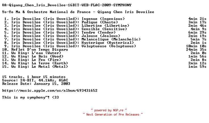 NFO for the release VA-Qigang_Chen_Iris_Devoilee-16BIT-WEB-FLAC-2009-SYMPHONY by SYMPHONY