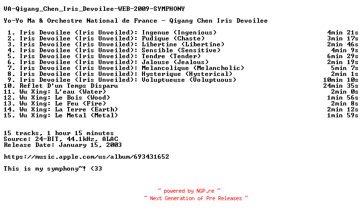 NFO for the release VA-Qigang_Chen_Iris_Devoilee-WEB-2009-SYMPHONY by SYMPHONY