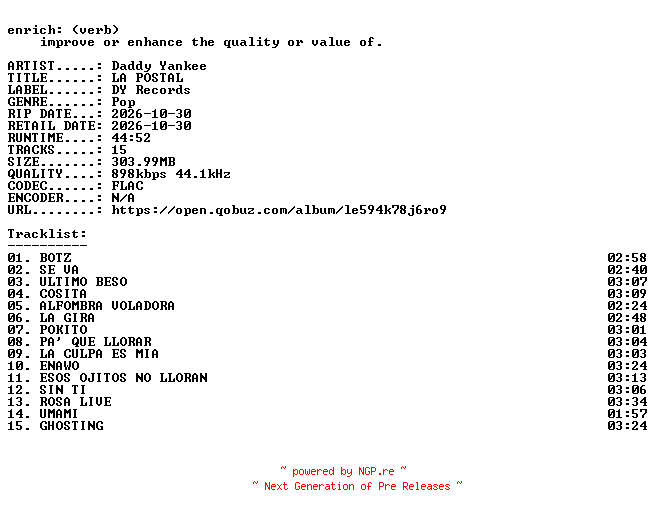 NFO for the release Daddy_Yankee-LA_POSTAL-ES-16BIT-WEB-FLAC-2026-ENRiCH by ENRiCH