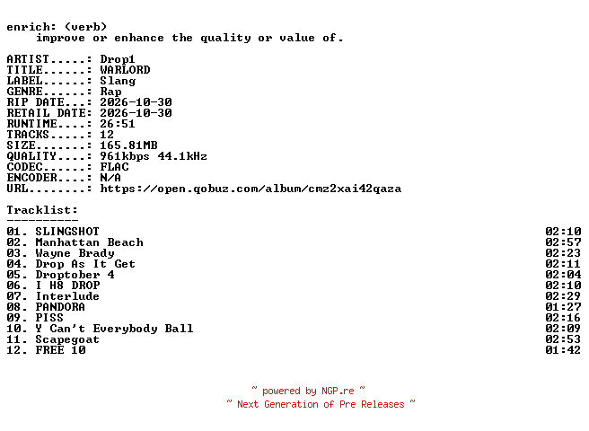 NFO for the release Drop1-WARLORD-16BIT-WEB-FLAC-2026-ENRiCH by ENRiCH