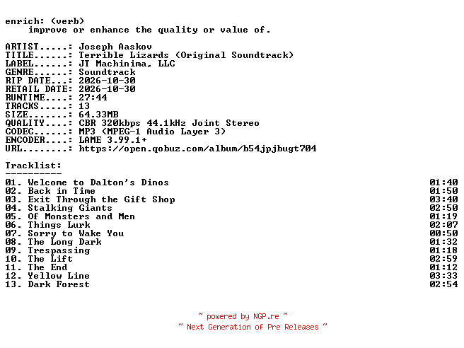 NFO for the release Joseph_Aaskov-Terrible_Lizards_(Original_Soundtrack)-OST-WEB-2026-ENRiCH by ENRiCH