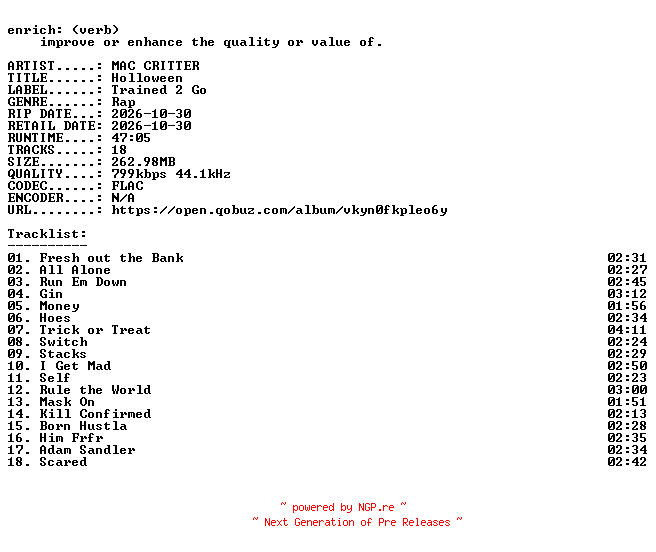 NFO for the release MAC_CRITTER-Holloween-16BIT-WEB-FLAC-2026-ENRiCH by ENRiCH