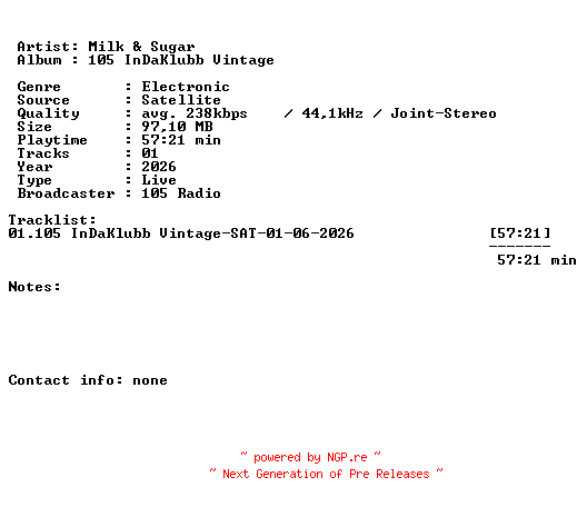 NFO for the release Milk_and_Sugar-105_InDaKlubb_Vintage-SAT-01-06-2026-LFA by LFA