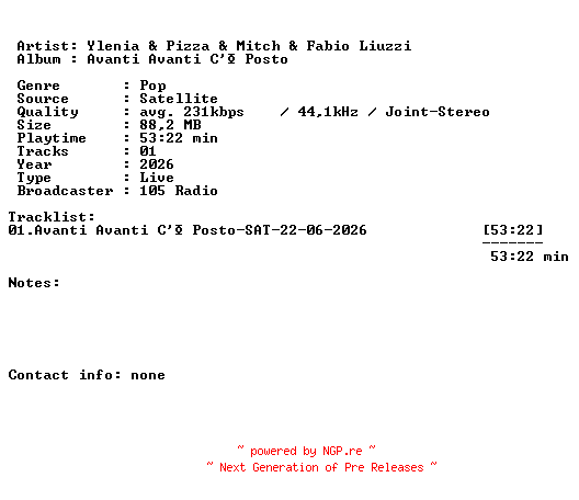 NFO for the release Ylenia_and_Pizza_and_Mitch_and_Fabio_Liuzzi-Avanti_Avanti_Ce_Posto-SAT-22-06-2026-LFA by LFA