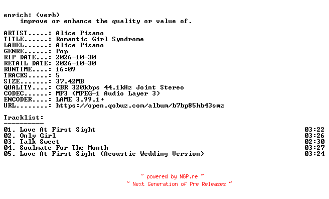 NFO for the release Alice_Pisano-Romantic_Girl_Syndrome-EP-WEB-2026-ENRiCH by ENRiCH