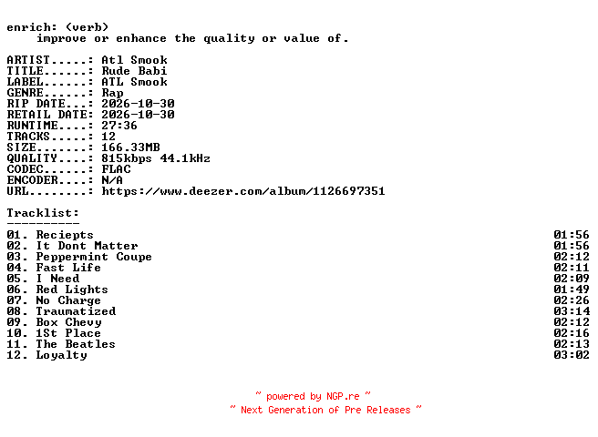 NFO for the release Atl_Smook-Rude_Babi-16BIT-WEB-FLAC-2026-ENRiCH by ENRiCH