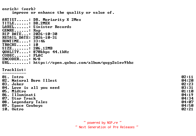 NFO for the release DR._Moriarity_X_2Mex-DR.2MEX-16BIT-WEB-FLAC-2026-ENRiCH by ENRiCH