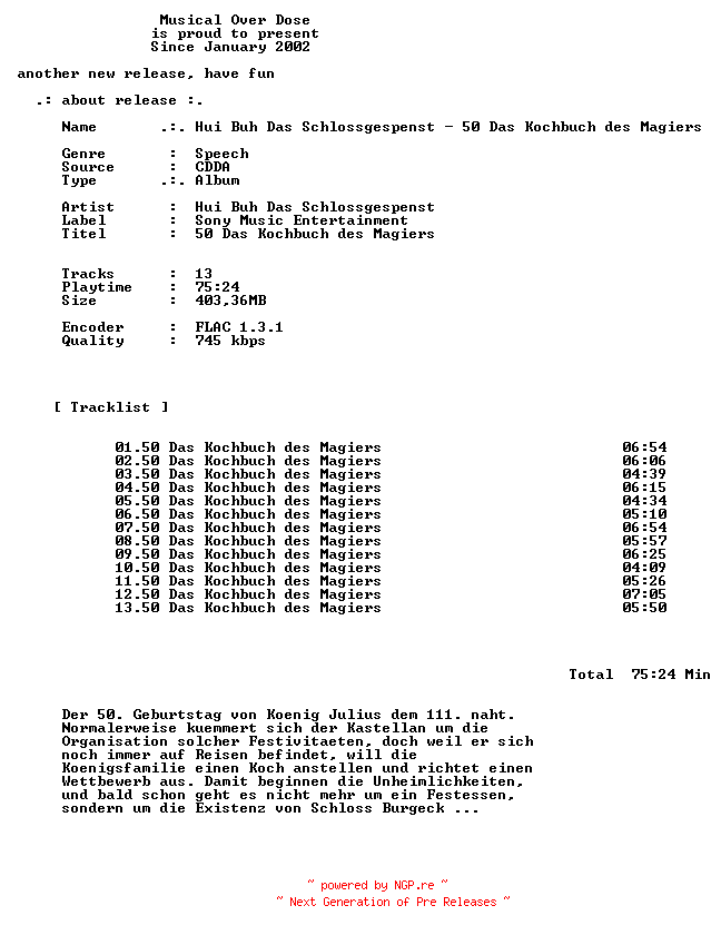 NFO for the release Hui_Buh_Das_Schlossgespenst-50_Das_Kochbuch_Des_Magiers-DE-Audiobook-CD-FLAC-2026-MOD by MOD