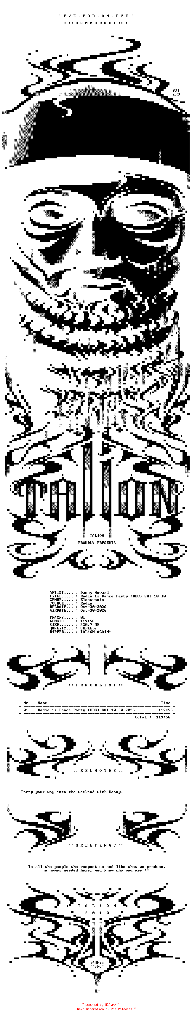 NFO for the release Danny_Howard_-_Radio_1s_Dance_Party_(BBC)-SAT-10-30-2026-TALiON by TALiON