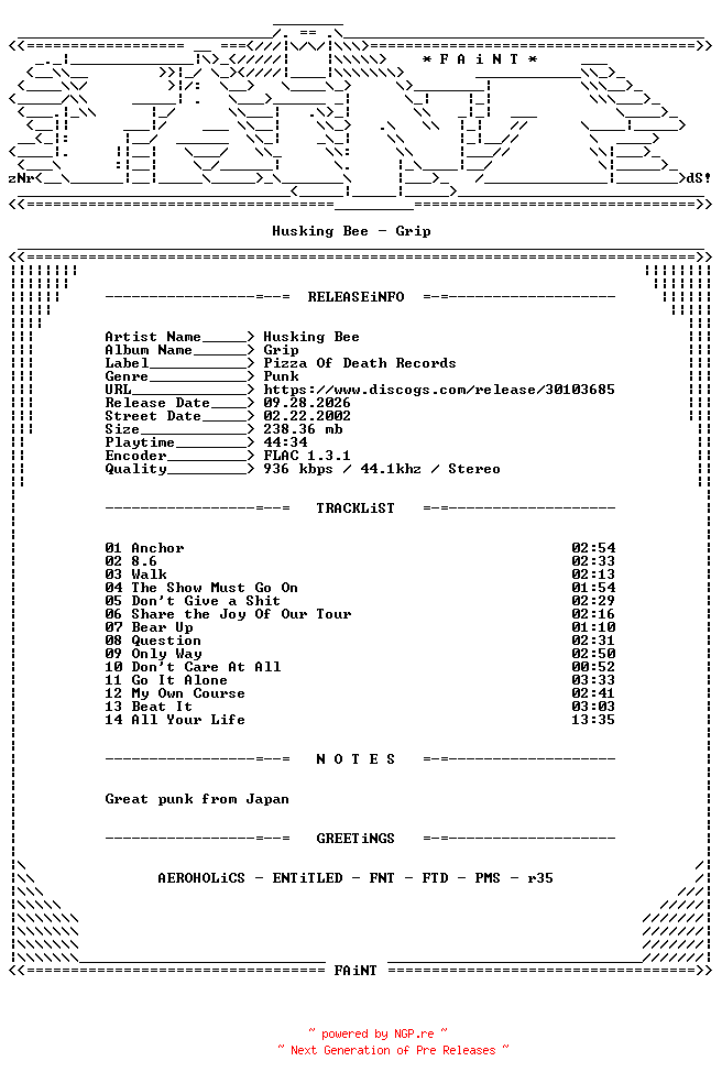 NFO for the release Husking_Bee-Grip-CD-FLAC-1996-FAiNT by FAiNT