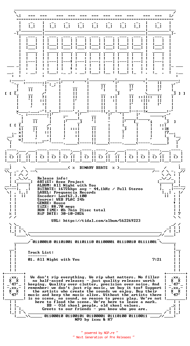 NFO for the release Azee_Project-All_Night_with_You-(4069977550952)-SINGLE-24BIT-WEB-FLAC-2026-BB by BB