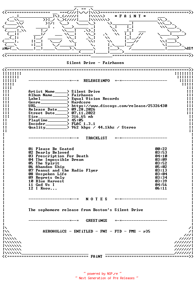 NFO for the release Silent_Drive-Fairhaven-CD-FLAC-2022-FAiNT by FAiNT