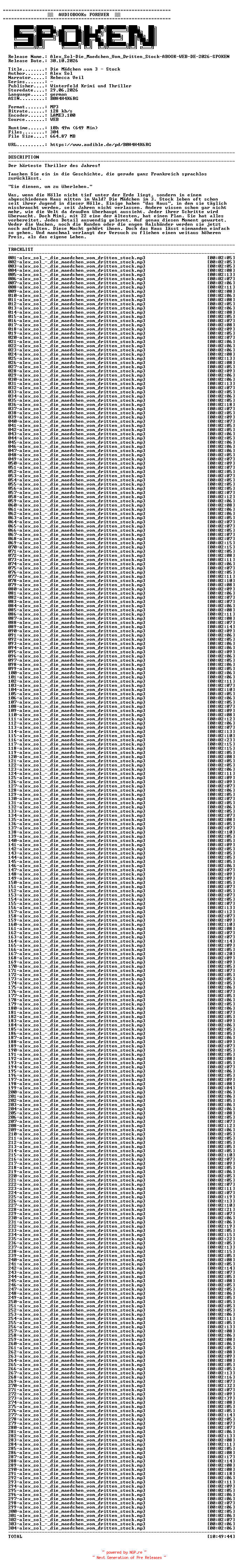NFO for the release Alex_Sol-Die_Maedchen_Vom_Dritten_Stock-ABOOK-WEB-DE-2026-SPOKEN by SPOKEN