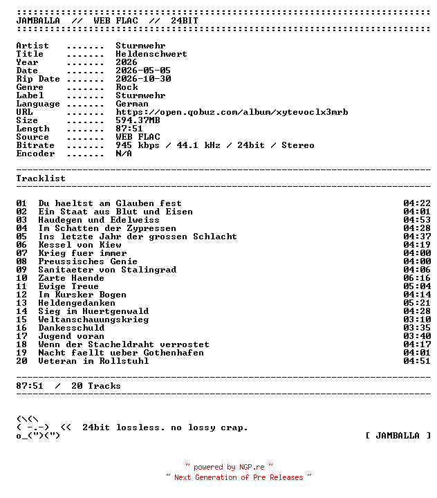 NFO for the release Sturmwehr-Heldenschwert-DE-24BIT-WEB-FLAC-2026-JAMBALLA by JAMBALLA