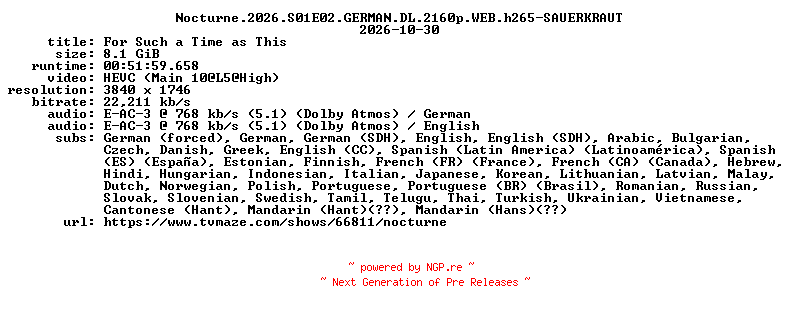 NFO for the release Nocturne.2026.S01E02.GERMAN.DL.2160p.WEB.h265-SAUERKRAUT by SAUERKRAUT