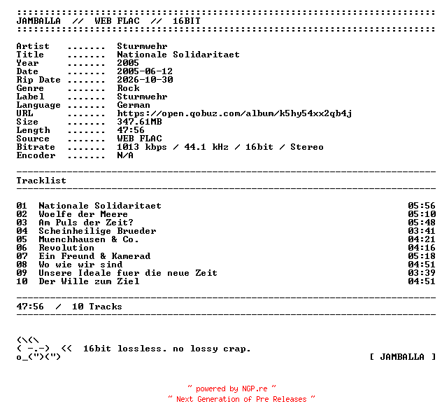 NFO for the release Sturmwehr-Nationale_Solidaritaet-DE-16BIT-WEB-FLAC-2005-JAMBALLA by JAMBALLA
