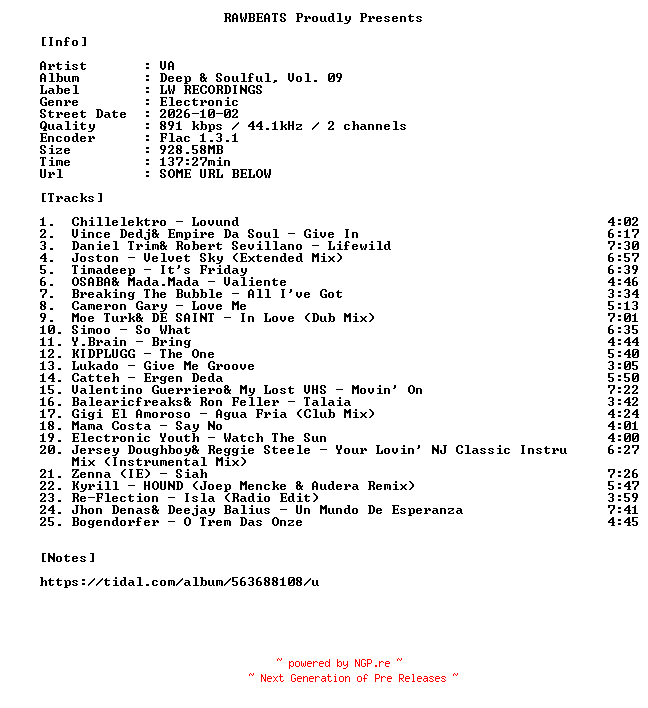 NFO for the release VA-Deep_And_Soulful_Vol._09-16BIT-WEB-FLAC-2026-RAWBEATS by RAWBEATS