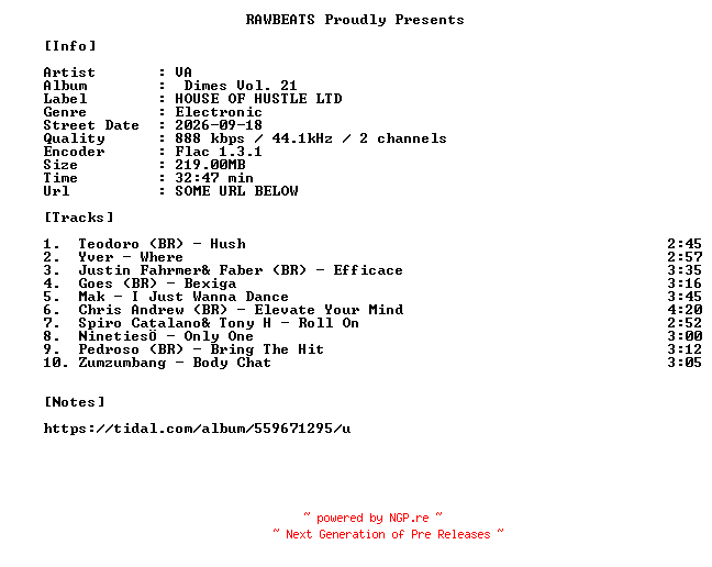 NFO for the release VA-Dimes_Vol._21-16BIT-WEB-FLAC-2026-RAWBEATS by RAWBEATS