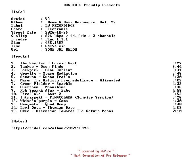 NFO for the release VA-Drum_And_Bass_Resonance_Vol._22-16BIT-WEB-FLAC-2026-RAWBEATS by RAWBEATS