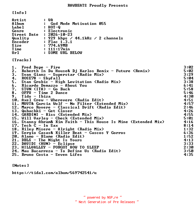 NFO for the release VA-God_Mode_Motivation_055-16BIT-WEB-FLAC-2026-RAWBEATS by RAWBEATS