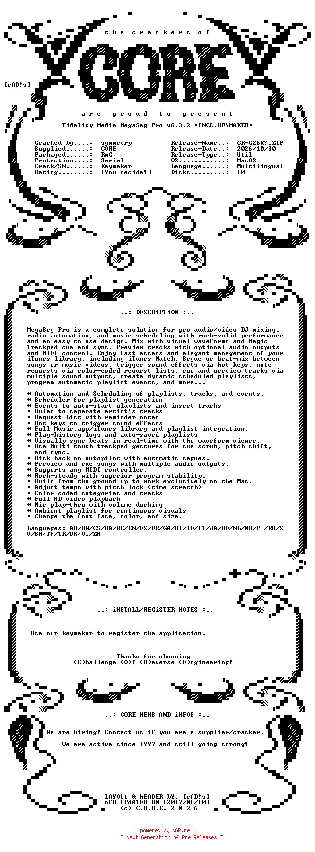 NFO for the release Fidelity.Media.MegaSeg.Pro.v6.3.2.MacOS.UB.Multilingual.Incl.Keymaker-CORE by CORE