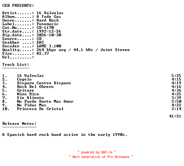 NFO for the release 16_Valvulas-A_Todo_Gas-(CD-1170)-ES-CD-1992-CEB by CEB