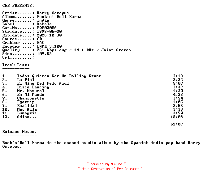 NFO for the release Harry_Octopus-Rockn_Roll_Karma-(POP02006)-ES-CD-1998-CEB by CEB