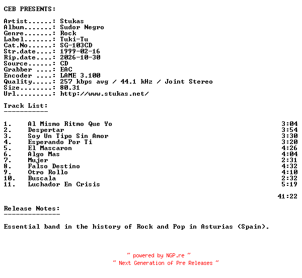 NFO for the release Stukas-Sudor_Negro-(SG-103CD)-ES-CD-1999-CEB by CEB