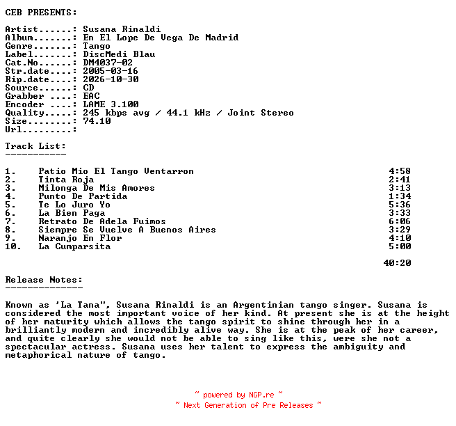 NFO for the release Susana_Rinaldi-En_El_Lope_De_Vega_De_Madrid-(DM4037-02)-ES-CD-2005-CEB by CEB