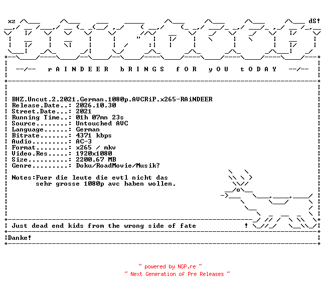 NFO for the release BHZ.Uncut.2.2021.German.1080p.AVCRiP.x265-RAiNDEER by RAiNDEER