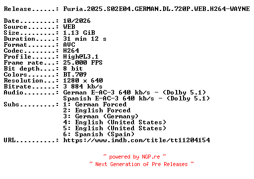NFO for the release Furia.2025.S02E04.GERMAN.DL.720P.WEB.H264-WAYNE by WAYNE