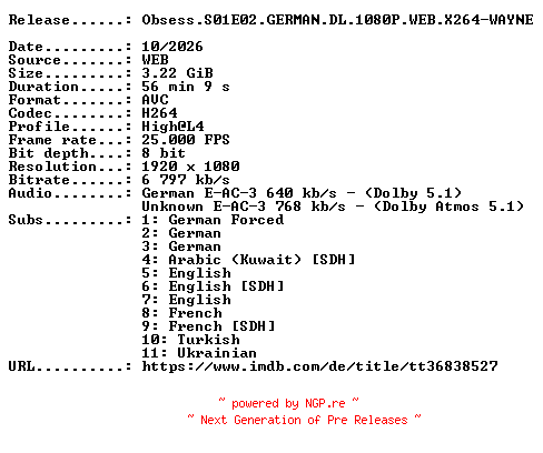 NFO for the release Obsess.S01E02.GERMAN.DL.1080P.WEB.X264-WAYNE by WAYNE