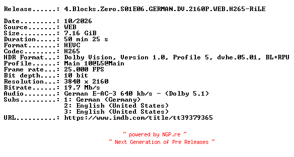 NFO for the release 4.Blocks.Zero.S01E06.GERMAN.DV.2160P.WEB.H265-RiLE by RiLE