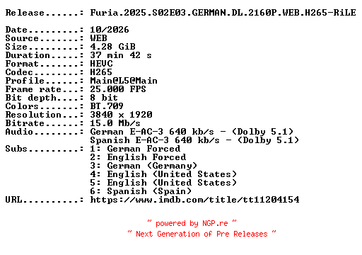 NFO for the release Furia.2025.S02E03.GERMAN.DL.2160P.WEB.H265-RiLE by RiLE