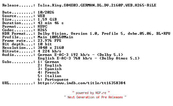 NFO for the release Tulsa.King.S04E03.GERMAN.DL.DV.2160P.WEB.H265-RiLE by RiLE